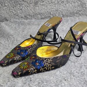 Timothy Hitsman Floral Brocade Mules Black Metallic Ankle Wrap Womens 6.5 VTG